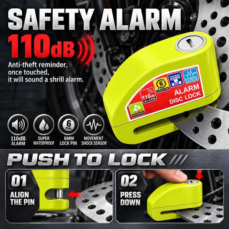 Motorcycle Disc Brake Alarm Lock for Theft Deterrence – 110dB