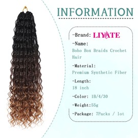 LIYATE Goddess Crochet Braids 18 Inch 7 Packs Boho Box Braids Crochet Hair with Curly Ends Pre Looped & Pre Twisted Ombre Brown Crochet Braiding Hair for Women, 1B/4/30