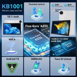 Jeazans Tablet 10.1 inch 20GB ROM 64GB RAM WIFI Android 15 Face ID Unlock Bluetooth