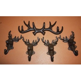Southern Metal Wall Mounted Deer Head Antler Coat Hat Rack Wall Hooks, Solid Cast Iron Bundle of 5