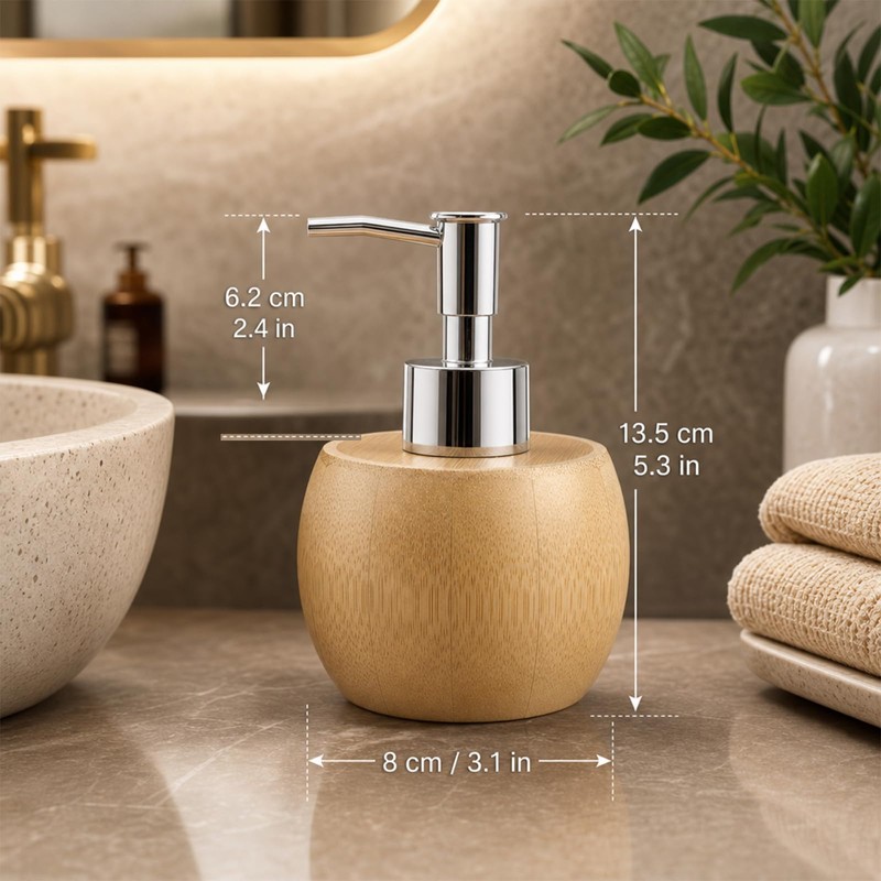 Bamboo Soap Dispenser, Round Bamboo Hand Pump Dispenser for Bathroom