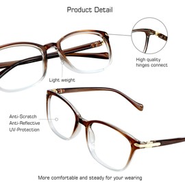 Gafas de bloqueo de luz azul para mujer, antifatiga ocular, lectura de computadora, gafas de TV, elegante marco cuadrado, antirreflejos (marrón claro, aumento de 1,00)