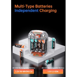 DLYPOW AA AAA Battery Charger for 1.5V li ion & 1.2V NiMH/NiCD Rechargeable Batteries, 500mA Fast Charging with Temp Monitoring, Independent Slot for Rechargeable AA AAA Batteries, Cable Included