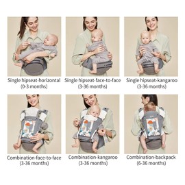 Bebamour Baby Carrier Newborn to Toddler-2 in 1 Hip Seat & Carrier Front and Back Carry with Head Hood & 3 Pieces Teething Pads& Waist Extenders & Storage Bag 0-36 Months (Green)