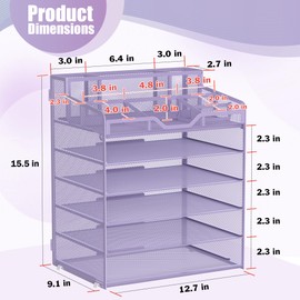 Docnest Multi-Functional Desk Organizer Tray, 6 Tier Paper Letter Tray Organizer with 3 Pen Holder, Mesh Desktop Organizer and Storage with 5 Adjustable Compartments for Office Supplies-Purple