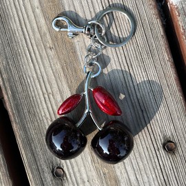 Cherry Bag Charms Keychain Purse Charm with Two Leaves, Cute Key Chains Cherry Accessories Gifts for Women Christmas (Black)