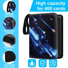 Trading Card Binder,4-Pocket 400 Card Sleeves with 50 Removable Pages,WaterProof Leather Zippered Album 3 Ring Binder,Display Cases for Collectibles MTG TCG &Baseball/Football Cards（Meteor）