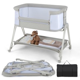 HONEY JOY Baby Bassinet, Folding Portable Bassinet with Comfy Mattress & Storage Basket, 7-Level Adjustable Height Co Sleeping, Bedside Bassinet for Baby with Removable Crib for Newborn Infant