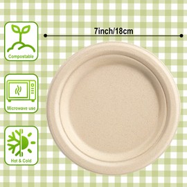 GREENESAGE Rigid 7 inch 50 Pack Heavy Duty Disposable Paper Brown Plates Sugarcane Small Disposable Plates Strong Dishes for Picnic Wedding Party BBQ