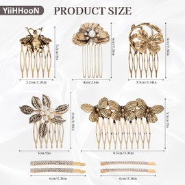5 Pcs Vintage Hair Side Combs, French Hair Comb and Rhinestone Hair Clips, Flower Bee Leaf Butterfly Bridal Comb Barrette Retro Wedding Bride Headpieces for Women Wedding Accessories