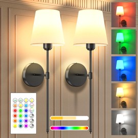 GODENBA Battery Operated Wall Sconce Set of 2 - Rechargeable Wireless Wall Lights with Remote, 6000mAh Dimmable Bulbs with 15 Colors, Wall Decor for Living Room, Bedroom, and Hallway (Black)