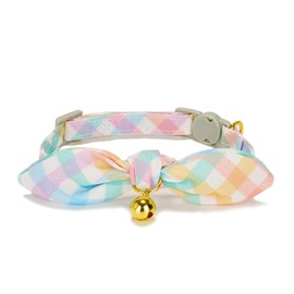 YUDOTE Bowtie Cat Collar with Bell, 2 Pack Cotton Breakaway Kitten Collars with Removeable Bow Stylish Cat Collars, Gradient Plaid & Polka Dot Blue