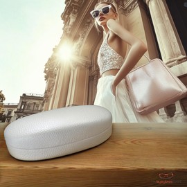 MyEyeglassCase Women Hard Sunglasses case - Hard Glasses Holder - Eyeglass Case Metal Hard shell Smooth Pearl Medium - Large frames comes w/drawstring Pouch & Cloth (AS113 PEARL)