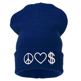 4sold Men's Women's Beanie Hat Winter Warm Black Bad Hair Day Fun (Peace Love Money (Navy Blue))