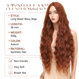 Atohallan Long Auburn Wig for Women 36 inch Super Long Water Wavy Wigs Heat Resistant Synthetic Soft Wavy Fluffy Curly Wig for Daily Party Use
