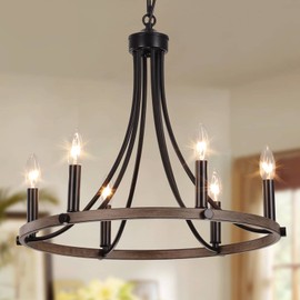 Yarlkav Wagon Wheel Chandelier for Dining Room, Black Farmhouse Chandelier 6 Lights Round Pendant Light, Rustic Hanging Light Fixtures for Kitchen Island Foyer Hallway