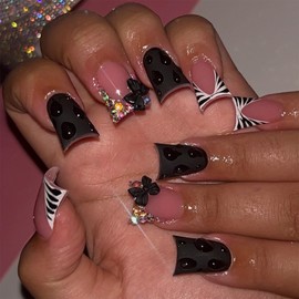GlamRays 24 PCS Black Duck Press on Nails Short French Tip Fake Nails with Coloured Glitter Design Cute Bow Full Cover False Nails Nude