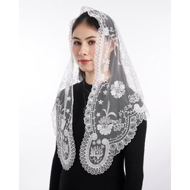 Bozidol Women's Triangle Catholic Church Mantilla Veils, Traditional White Camellia Floral Embroidered Chapel Veil, Latin Mass Prayer Lace Head Coverings