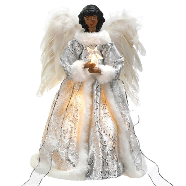 Retrowavy 12 Inch Black Angel Christmas Tree Topper Standing African American Black Angel Figurines Treetop for Decoration(White, Cute Style)