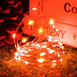 SINAMER Red Fairy Lights Battery Operated (Included), 8 Modes & Auto Timer, 16FT 50Led Mini Twinkle Silver Wire Firefly Starry Lights, Waterproof Battery Operated Lights for Mason Jars Party Bedroom
