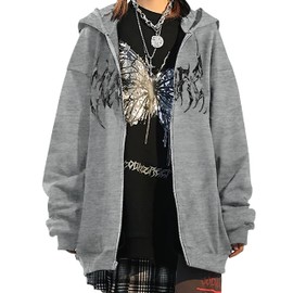 MISSACTIVER Women’s Casual Graphic Printed Hoodies Oversized Zip Up 90S E-Girl Streetwear Grunge Jacket Grey