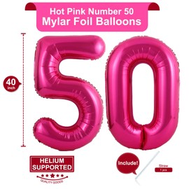 40 Inch Hot Pink 50 Number Balloons Giant Jumbo Huge 50 Foil Mylar Helium Number Digital Balloons Dark Pink Birthday Mylar Digital Balloons 50th Birthday Parth 50th Anniversary Events Party Decorations Supplies