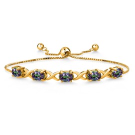 Gem Stone King 18K Yellow Gold Plated Silver Green Mystic Topaz Bracelet For Women (5.00 Cttw, Gemstone November Birthstone, Oval 7X5MM, Fully Adjustable Up to 9 Inches)