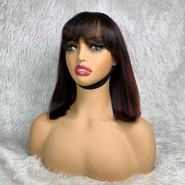 GZAmber 12 inch Light Yaki Straight Bob Wig with Bangs Human Hair Realistic Lace Short Black Bob Wigs Ready to Go Wig Glueless 180 Density (P1B/Red)