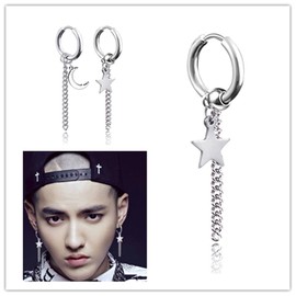 XHBTS Men Korean Style Stainless Steel Non-Piercing or Piercing Dangle Earrings, Star and Moon Earrings with Mini Cloth and Mini Box