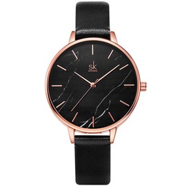 Alienwork Armbanduhr Damen Roségold Lederarmband Schwarz Ultra-flach Elegant