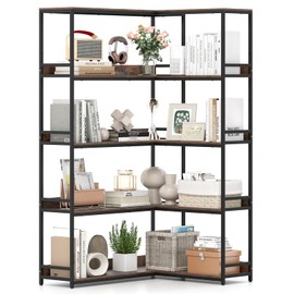 Giantex 5-Tier Corner Bookshelf, 71" L-Shaped Bookcase, Tall Etagere Bookshelf with Metal Frame, Industrial Open Display Shelf, Vertical Storage Rack for Living Room, Study, Office (Rustic Brown)