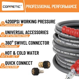 Corretic 3/8" Pressure Washer Hose for Cold and Hot Water, 4200psi Power Washer Hose with Kink Free Swivel Quick Connect, Steel Wire Braided & Synthetic Rubber Jacket, 2 M22 14mm Adapter Set, 25FT