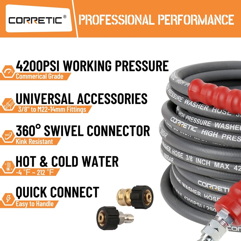 Corretic 3/8" Pressure Washer Hose for Cold and Hot Water,
