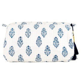 Bolsa de aseo y estuche de maquillaje con estampado de bloques – Bolsa acolchada floral bohemia para cosméticos, cuidado de la piel – Organizador grande con forro impermeable para bolsa de pañales, bolso, viajes, regalo, Boho azul y blanco, Estampado de 