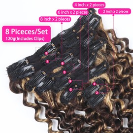 Curly Clip in Hair Extensions Real Human Hair 22 Inch 8PCS 120g Blonde Highlight Unprocessed Deep Water Wave Double Weft Hairpieces for Women Seamless Clip Ins Extensions P427