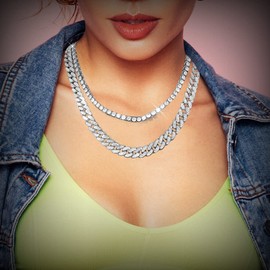 HH BLING EMPIRE Gold Silver Diamond Tennis Cuban Link Chain Necklace for Men Women, Rhinestone Cuban Curb Tennis Necklaces for Women and Teens, Diamond Necklace Sets 2pc (Set A-Silver-24)