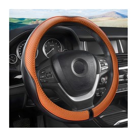 Leather Car Steering Wheel Cover, Car Wheel Cover Protector Soft Breathable Anti Slip, Steering Wheel Covers for Women Men, Universal Fit 15 Inch Car, Truck, SUV (Black/Orange)