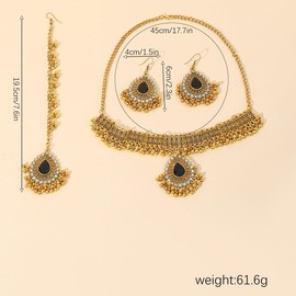 Ethnic Indian Jhumka Tassel Rhinestone Choker Necklace Earrings Maang Tikka 3 Pcs Set Oxidized Ancient Gold Bohemian Traditional Jhumki Pendant Crystal Retro Bollywood Statement Gypsy Wedding Bridal Jewelry for Women (Black)