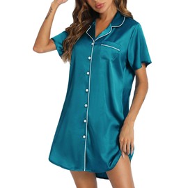 Senert Women's Nightgown V Neck Silk Pajamas Button Down Sleepwear Short Sleeve Nightshirts Soft Button Sleep Dress Peacock Blue,Large