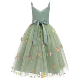 OBEEII Flower Girl Dress for Wedding Pleated V Neck Satin Back Floral Embroidery Tulle Princess Dress Junior Wedding Birthday Pageant Formal Ball Prom Gown Sage Green-Floral 9 Years