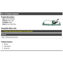 Marketplace Auto Parts Rear Left Driver Side Power Window Regulator Assembly - with Motor - Compatible with 2005-2009 Buick Lacrosse