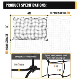 3'x4' Bungee Cargo Net for Truck Bed Stretches to 6'x8' | No Gaps Securing Cargo Nets to Rooftop Carrier, Roof Rack, Cargo Hitch, SUV | 24 Pieces Universal Hooks | 5 mm Diameter Small 4" x 4" Mesh