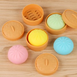 MEIEST Pack of 5 Colourful Dumplings Stress Balls Fidget Sensory Toy Dough Ball Stress Relief Hand Toy Bun with Food Steamer Stretchy Desk Toy