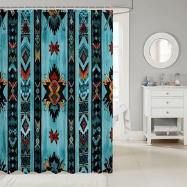 Feelyou Deep Blue Southwestern Bath Curtain 72"x72" Geometric Shower Curtain for Kids Tribal Exotic Style Native American Indian Design Bathroom Shower Curtain Set Stripe Line Bathroom Accessories