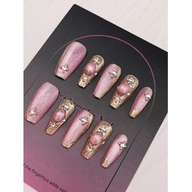 Handmade Press on Nails Medium Length MouyouGlow, Ballerina Pink Silver Chrome Cat Eye Magnetic Crystal Y2K Coquette Resuable Fake Nails, Handmade Artificial Fingernails, Pack of 10 (90-XS Size)