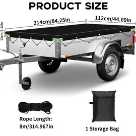 Trailer Tarpaulin Flat Tarpaulin 214 x 122 x 13 cm Waterproof Sunproof Trailer Cover with 8M Rope and Storage Bag, Tear-Resistant Oxford Trailer Tarpaulin Flat Tarpaulin Edge Reinforcement for 750 kg