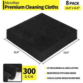 HOMERHYME Premium Microfiber Cleaning Cloth, Pack of 8, 12.6" x 12.6" Cleaning Towels, Lint-Free & Streak-Free, High Performance, Ultra Absorbent, 300GSM, Reusable Cleaning Cloths Car Towels, Black