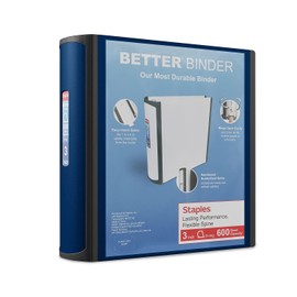 Staples Better Binder, 3-Ring, Reinforced Rubber Spine, 3 Inch D-Ring Binders for Home, Office, School, Holds up to 600-Sheets, Blue