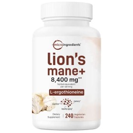 Micro Ingredients Lions Mane with L-Ergothioneine | 240 Vegan Capsules, 8,400 mg Herbal Equivalent, Ultra Strength Lions Mane Supplement