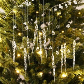 Seeloowy 6 Pack Crystal Drop Picks for Christmas Tree 23 Inch Crystal Christmas Tree Hanging Decorations Clear Beaded Icicle Drop Artificial Flower Twigs Picks for Winter Holiday Wedding Party Decor